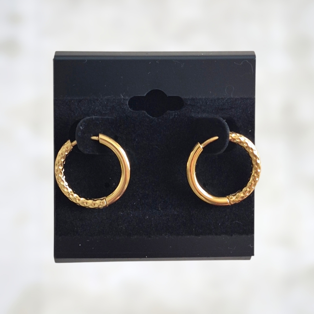 Textured Gold Hoop Stainless Steel Earrings - 14mm